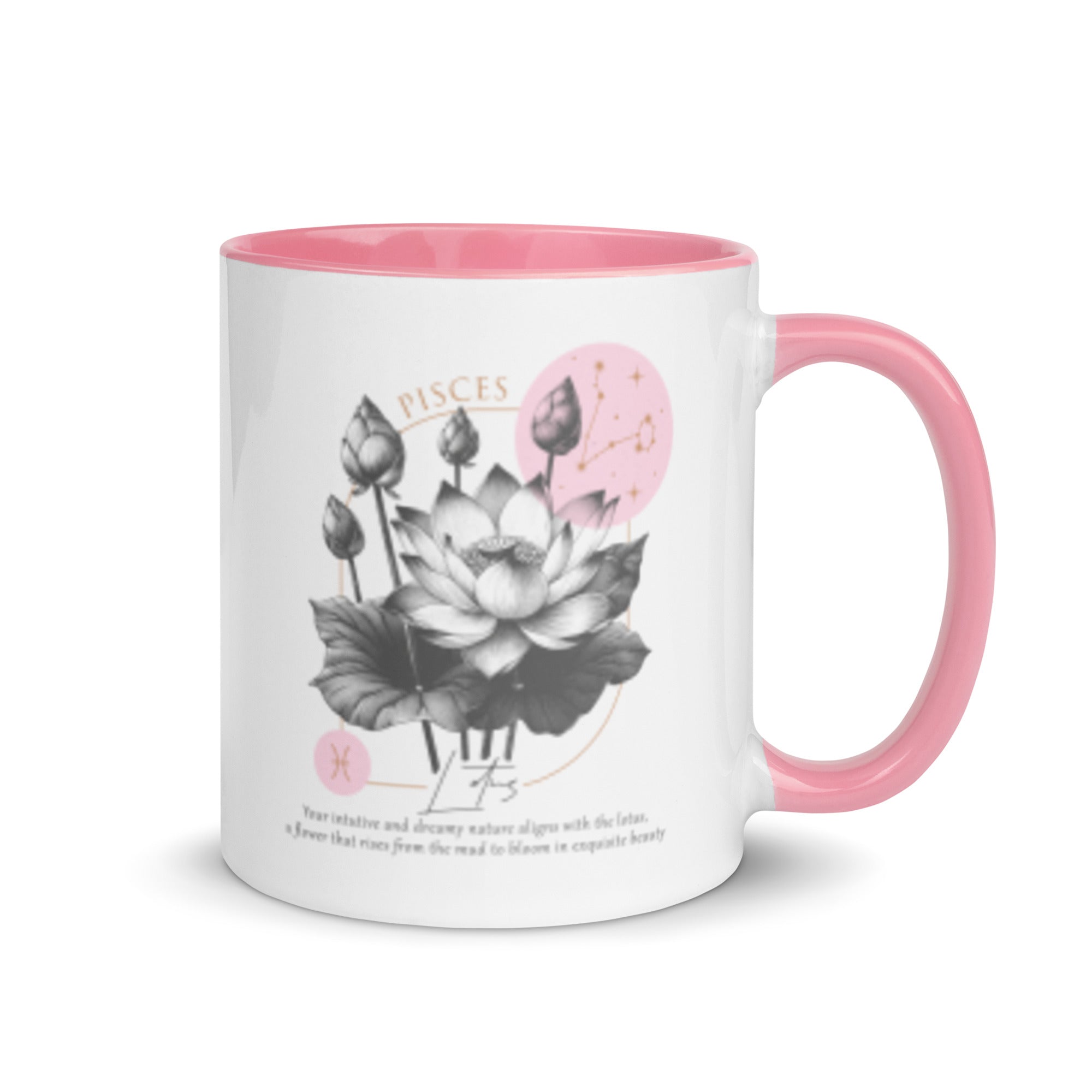 Pisces Zodiac Lotus Birth Flower 11 oz Mug with Pink Handle - https://ascensionemporium.net
